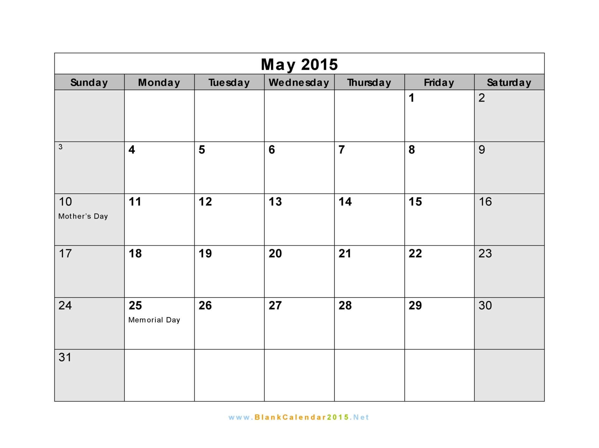 Blank Calendar May 2015