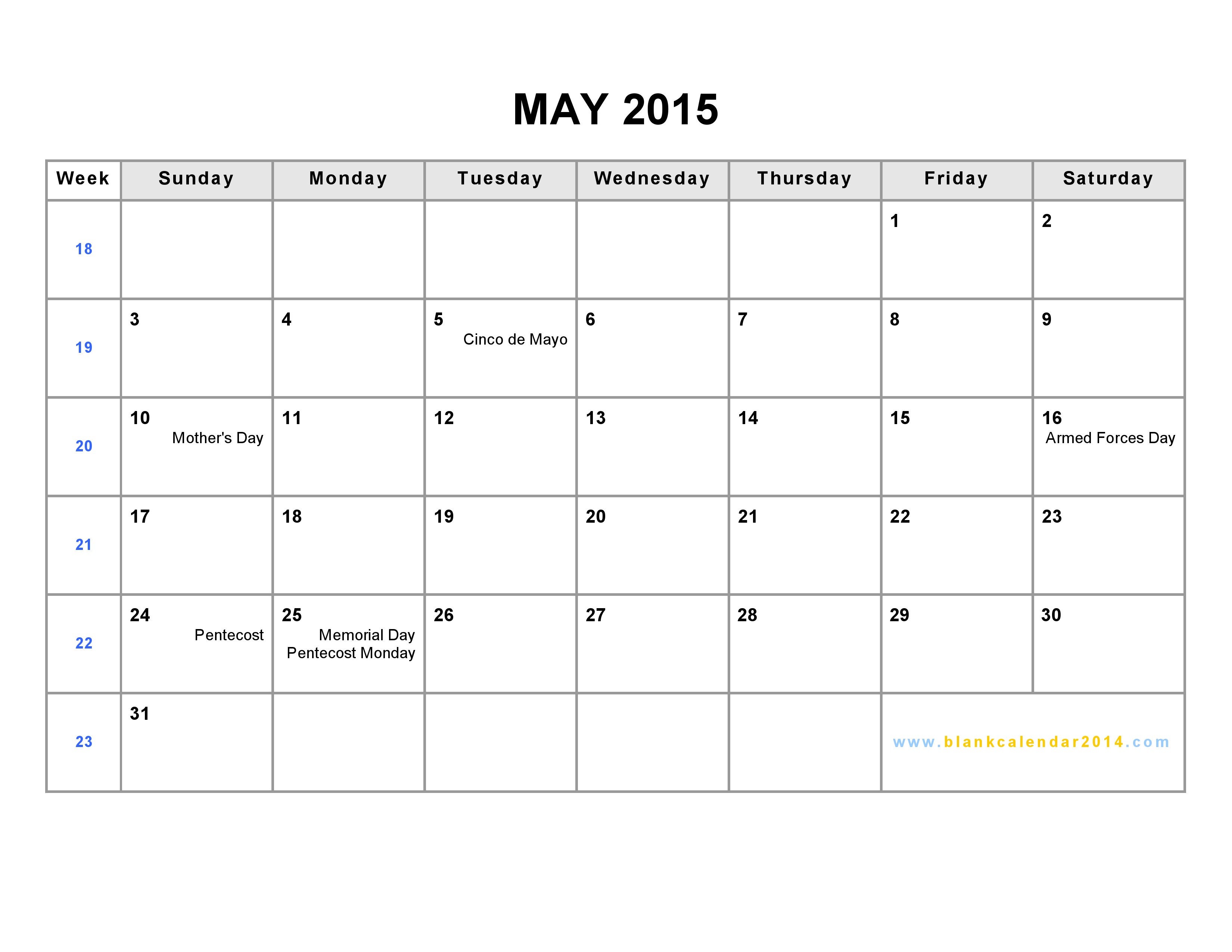 Blank Calendar May 2015