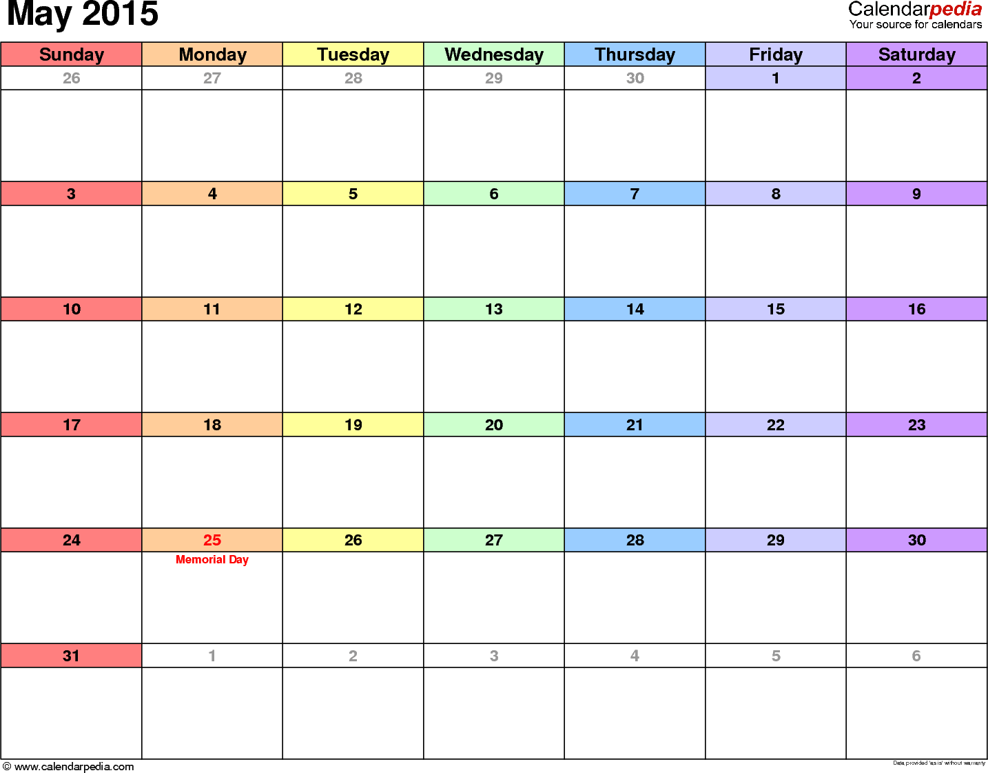 May 2015 Calendar Printable Template