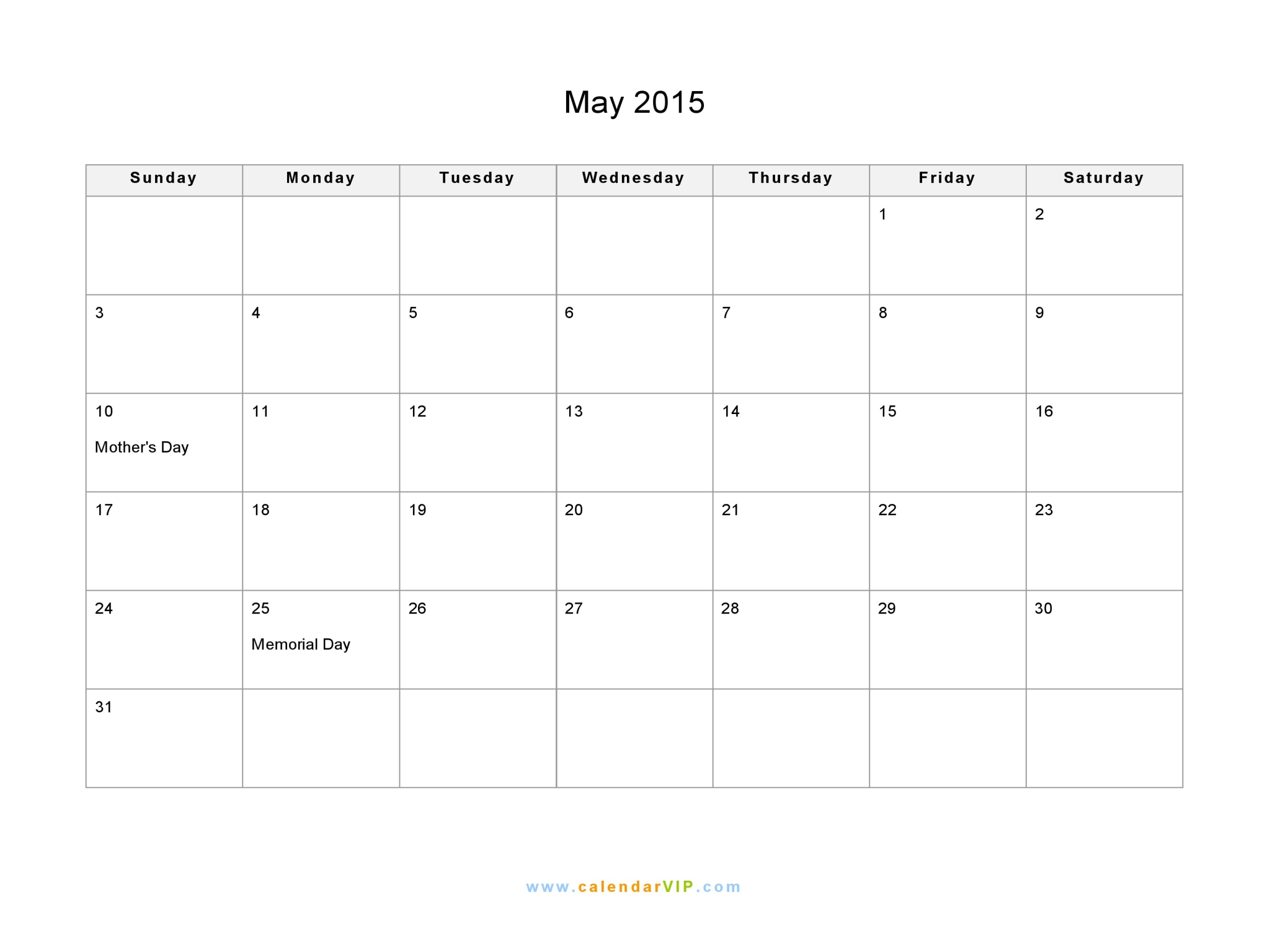 May 2015 Calendar Printable