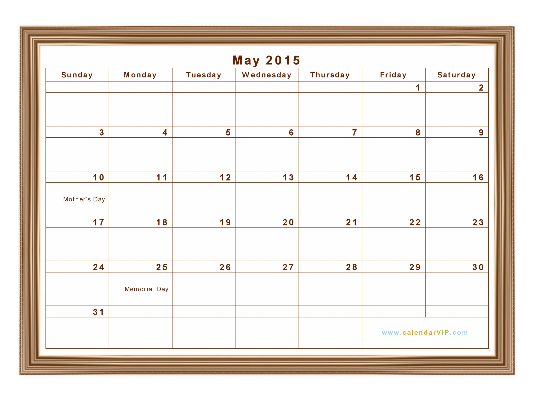 May 2015 Calendar with Holidays