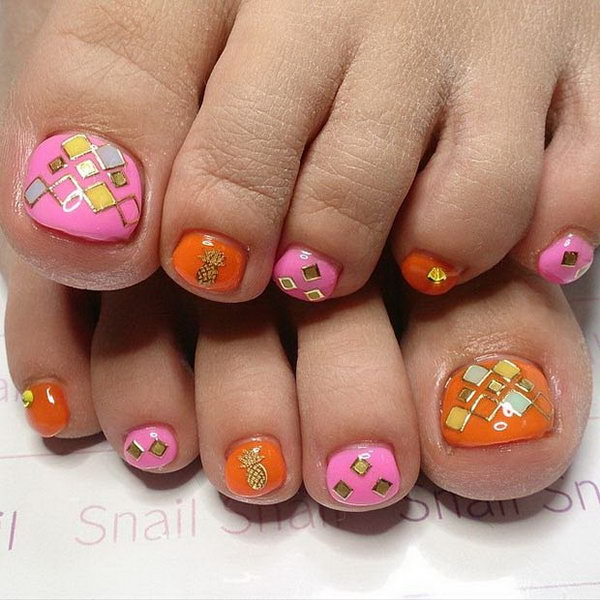 Pink and Orange Toe Nail Design