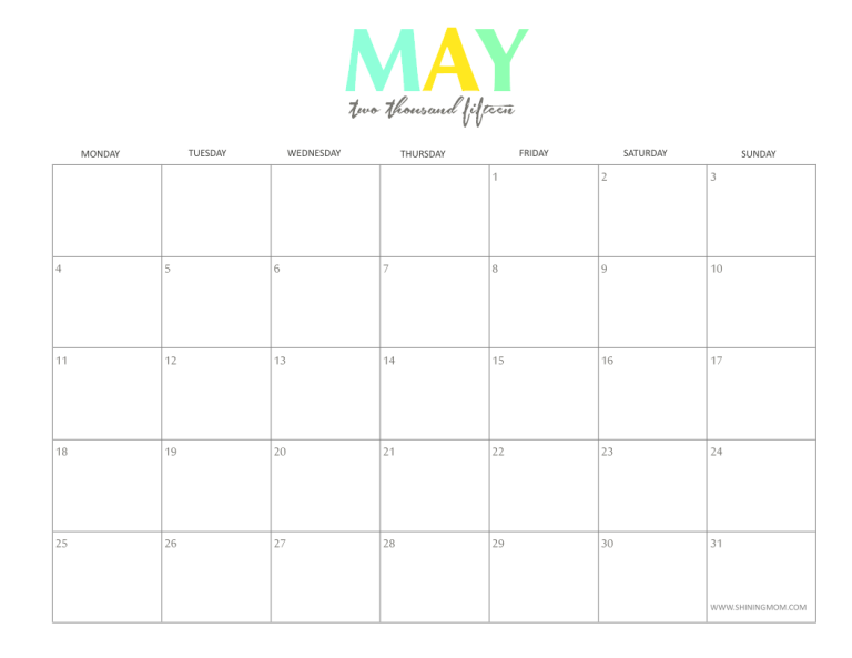 Printable Monthly Calendar May 2015 8 X 11