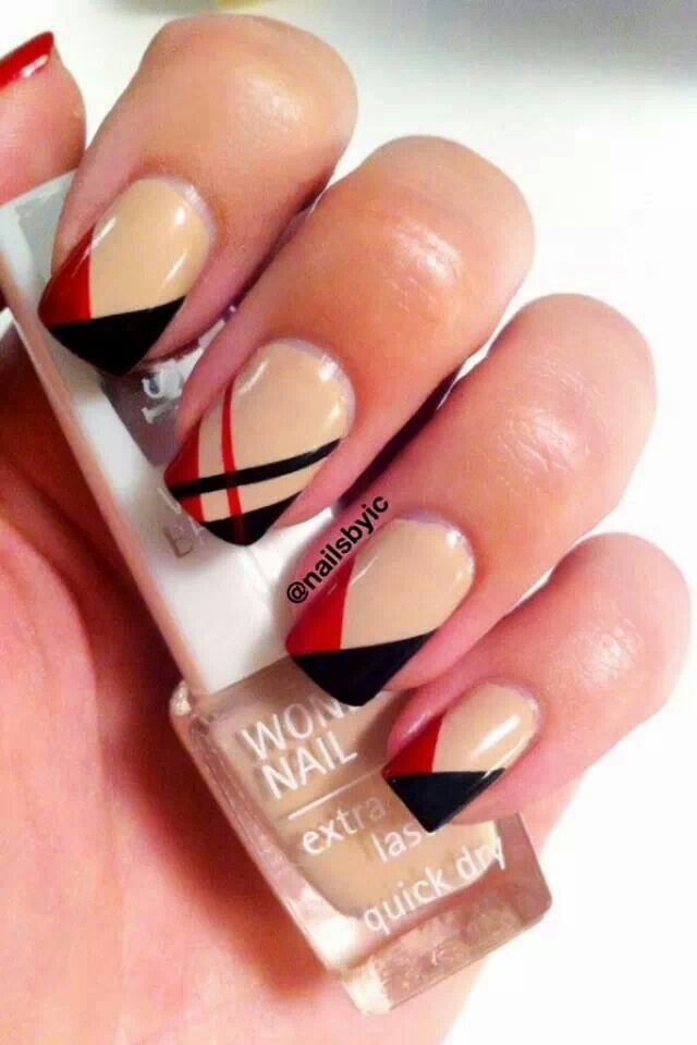 Beige Red and Black Nail Art