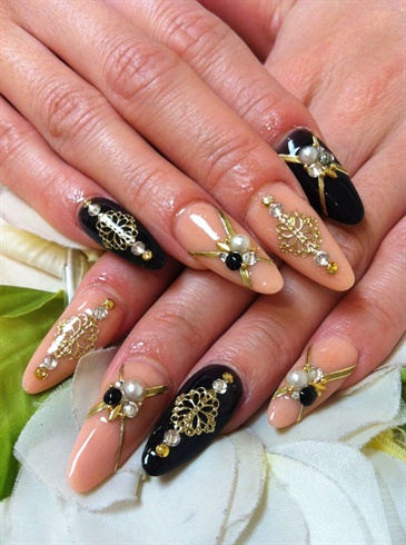 Black and Gold Acrylic Nails with Rhinestones