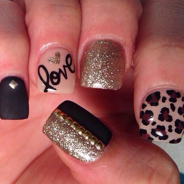 Black and Gold Leopard Nail Design