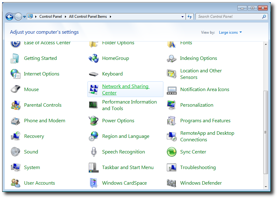 Control Panel Windows 7 Network Icon