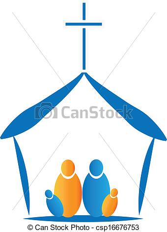 Family Praying in Church Clip Art