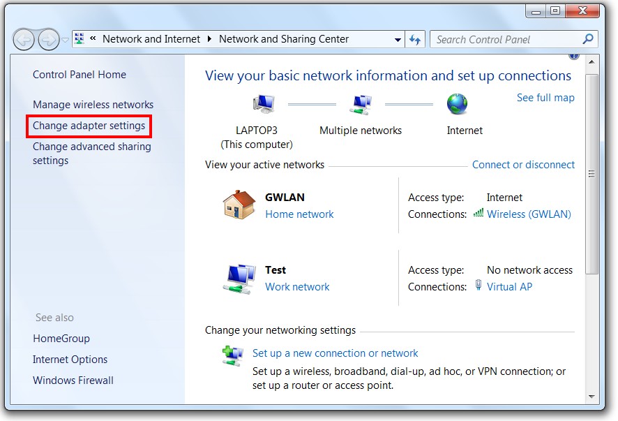 Open Network and Sharing Center Change Adapter Settings