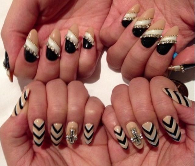 Tan and Black Stiletto Nails