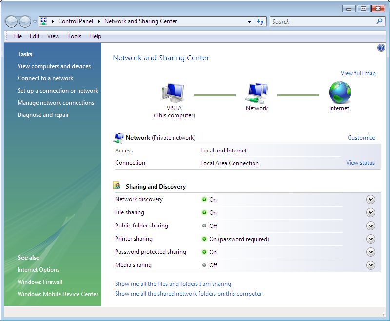 Vista Network and Sharing Center