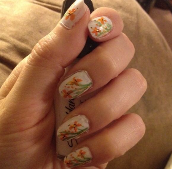 Orange Flower Art Nails