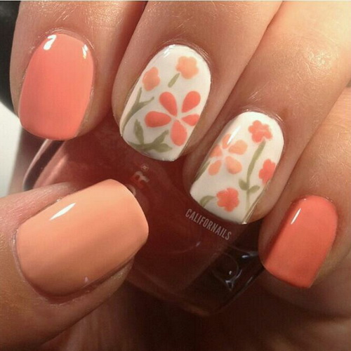 Peach Nails with Flowers Peach Nails with Flowers