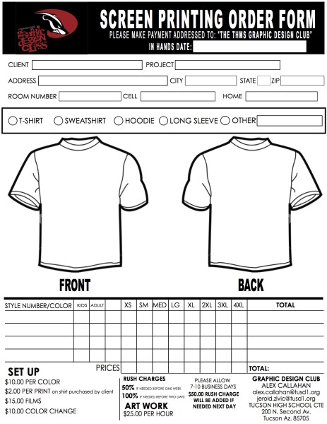 Shirt Screen Printing Order Forms