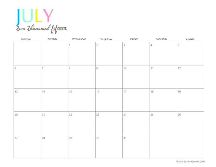Free Printable Monthly Calendar July 2015