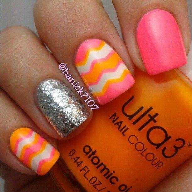 Pink and Orange Chevron Nails