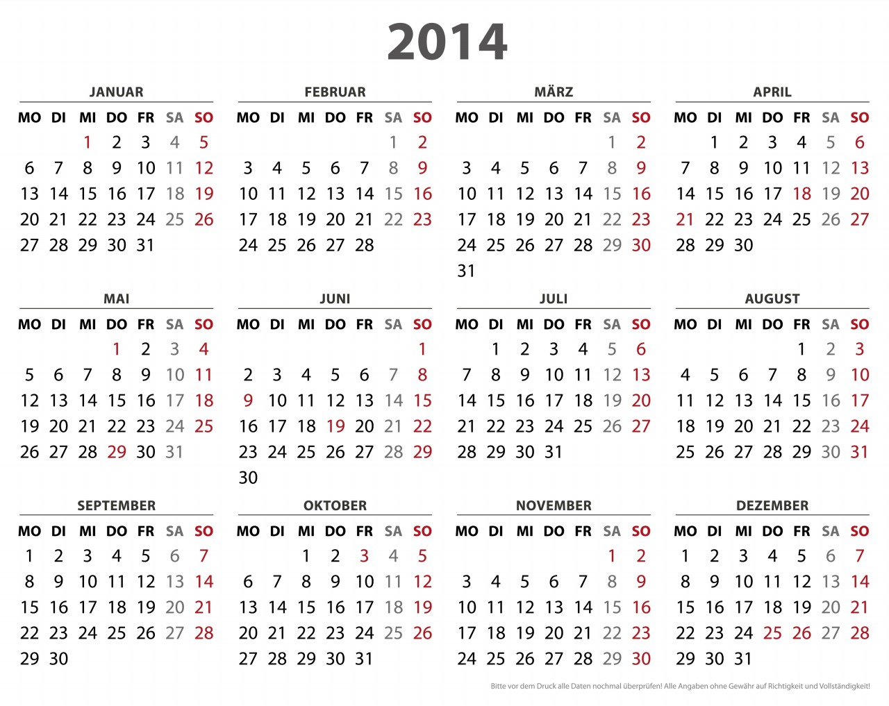 Free 2014 Calendar by Month