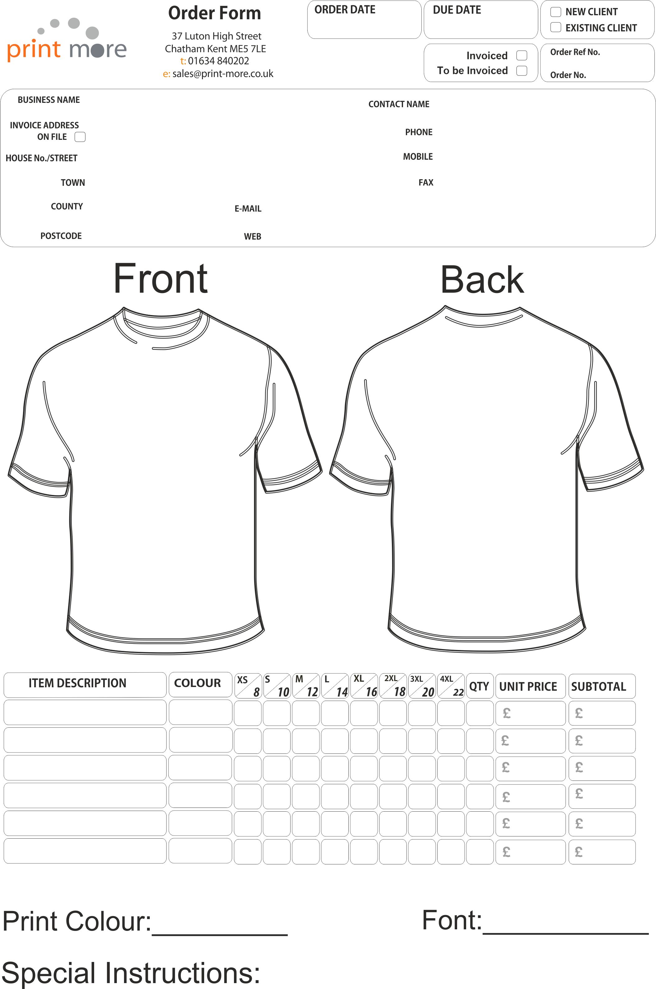 Printable T-Shirt Order Form Template