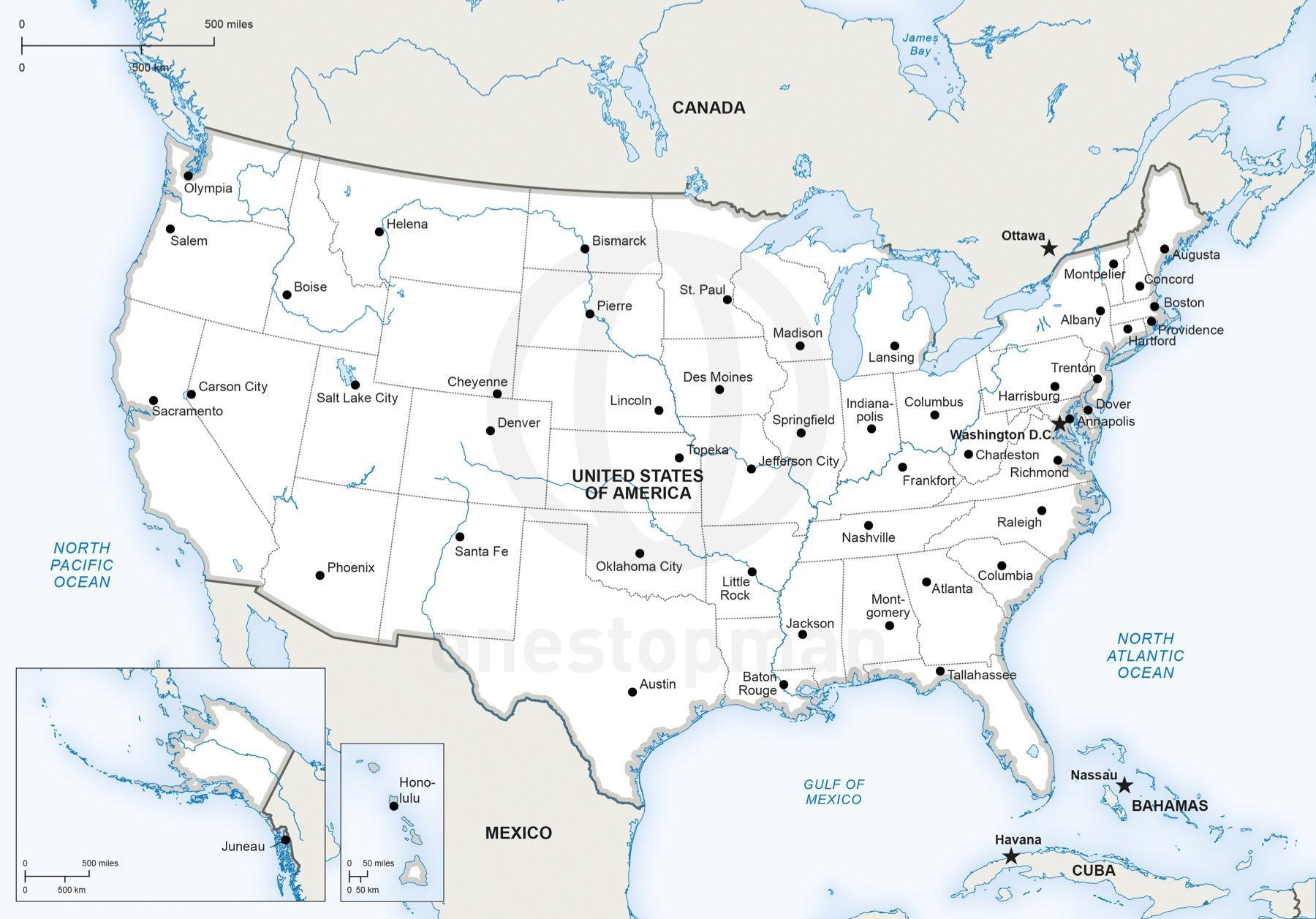 United States Political Map with Capitals