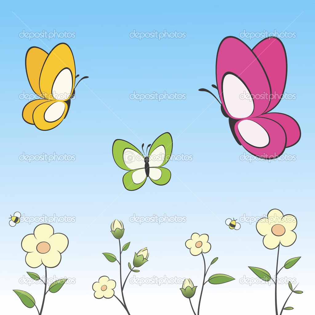 Cartoon Flowers and Butterflies