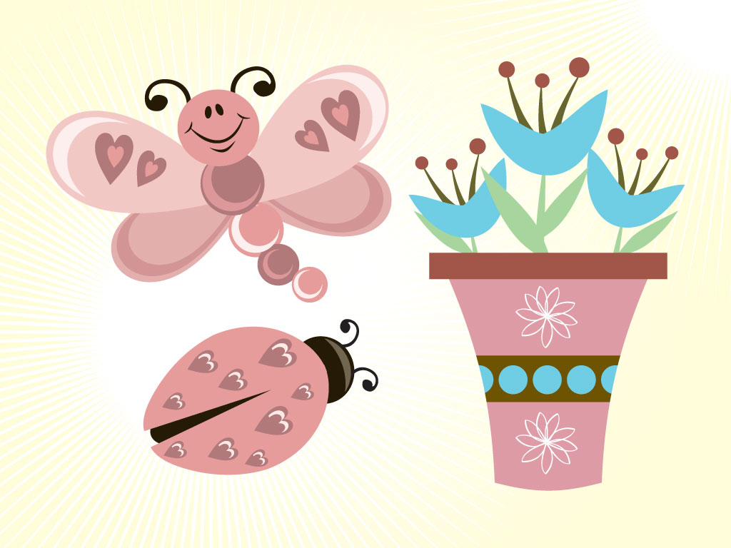 Cartoon Flowers and Butterfly