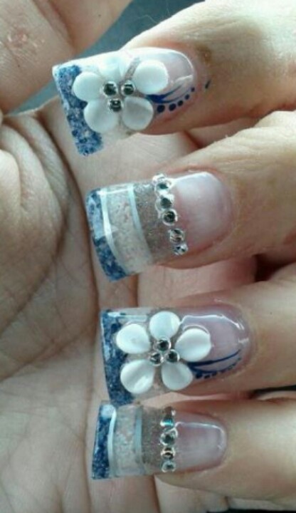 Gray White and Blue Nails