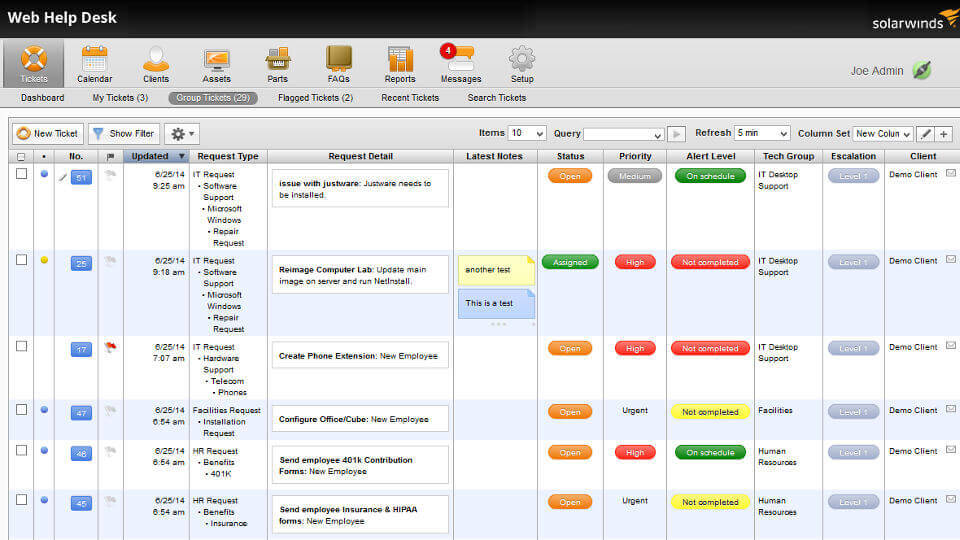 SolarWinds Help Desk Tickets