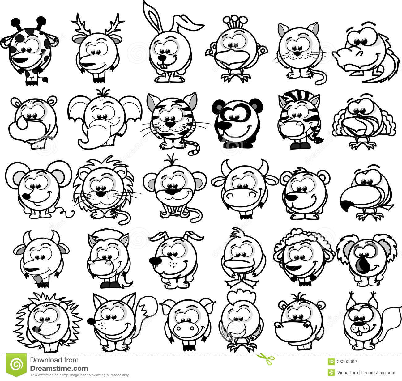 Black and White Cartoon Animals