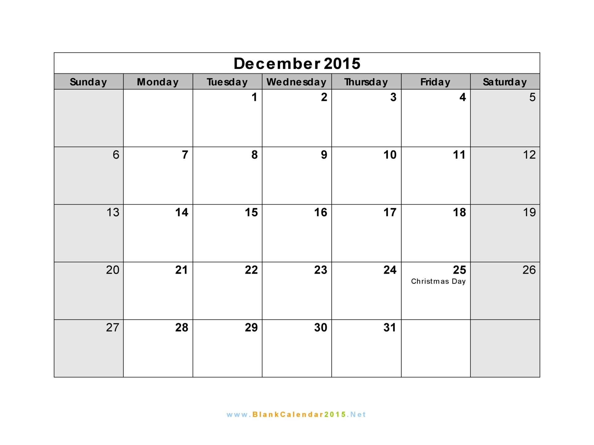 Blank Calendar December 2015