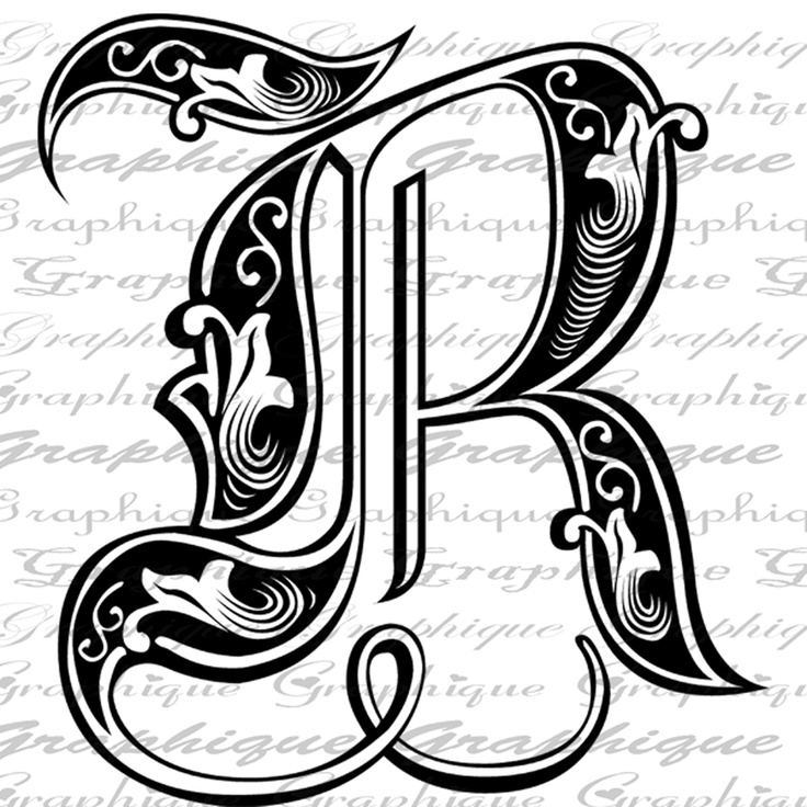 Initial Monogram Letter R Old-Style Type Text Engraving