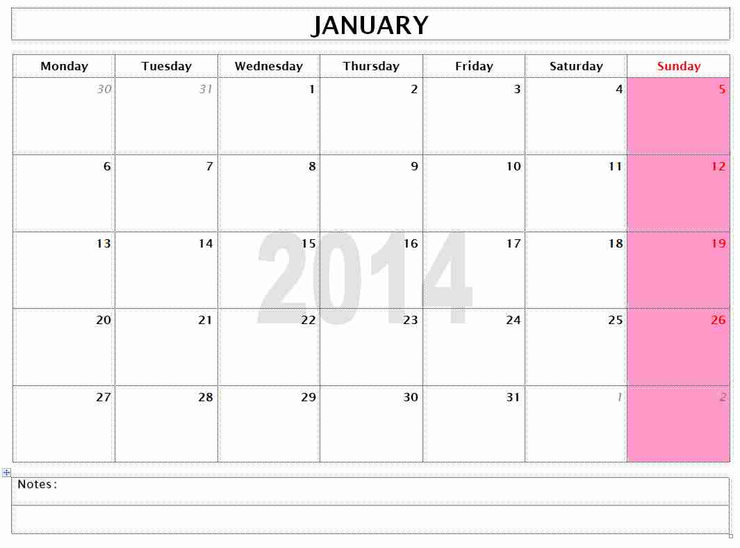 Microsoft Word 2014 Monthly Calendar Template