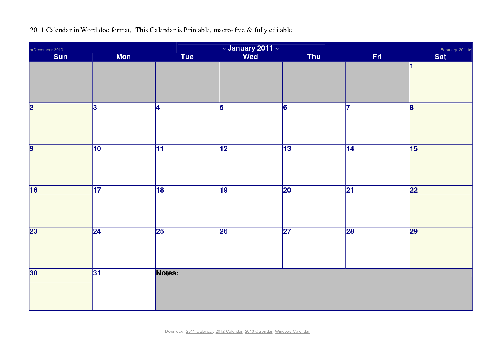 Microsoft Word Calendar Template