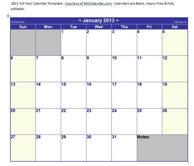 Microsoft Word Calendar Templates 2013
