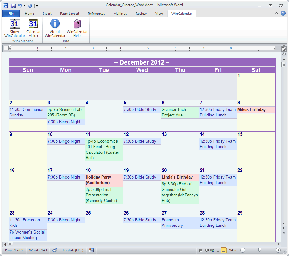 Monthly Calendar Template Microsoft Word