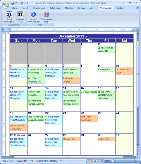 Monthly Calendar Template Microsoft Word