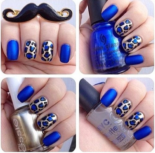 Blue and Gold Cheetah Print Nails Blue and Gold Cheetah Print Nails