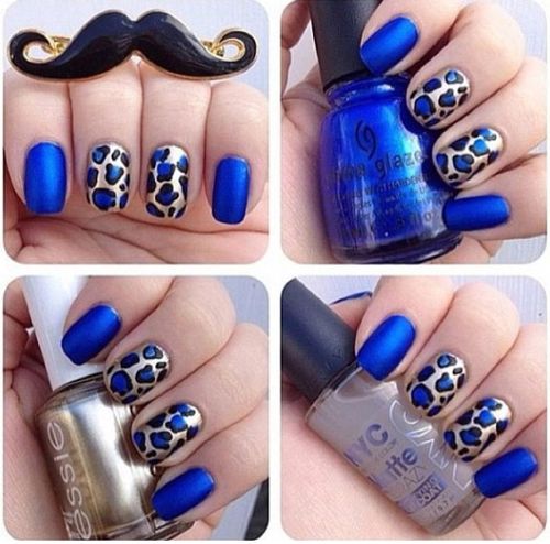 Blue and Gold Cheetah Print Nails