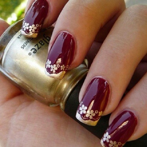 Burgundy & Gold Nails