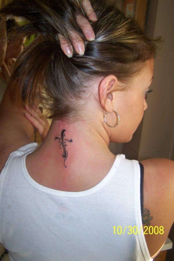 Cross On Back of Neck Tattoos for Women