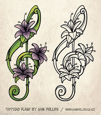 Music Notes and Flowers Tattoos