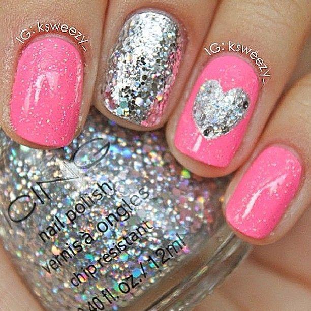 Pink Glitter Nails with Hearts