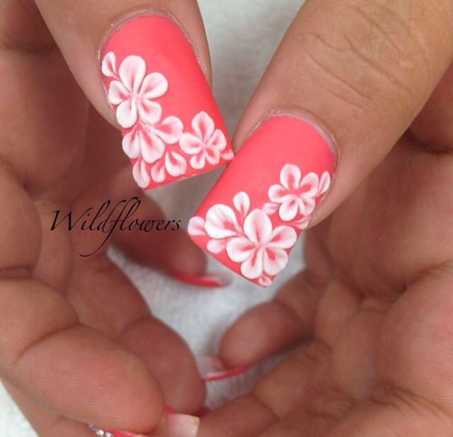 Coral Nails with Hawaiian Flowers