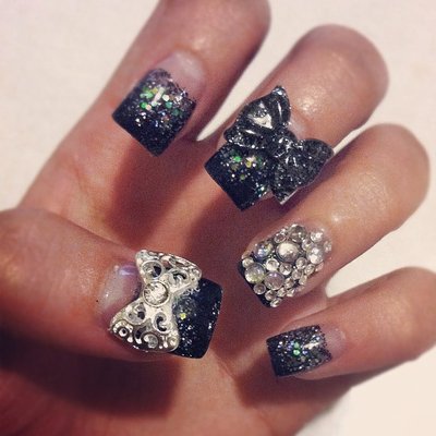 Black Acrylic Nails with Rhinestones