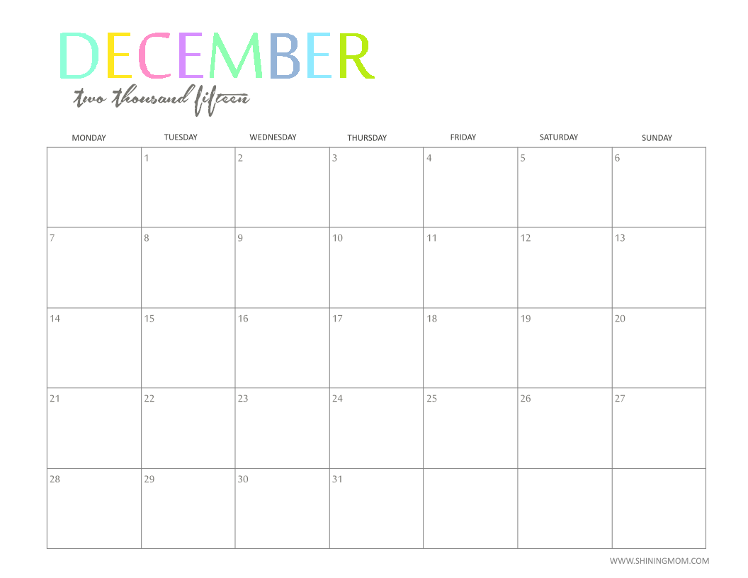 December 2015 Monthly Calendar Printable
