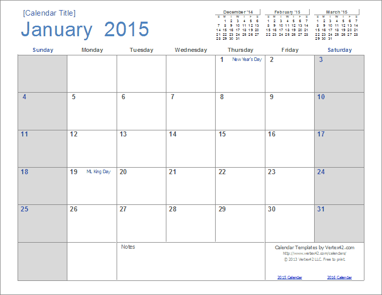 Free Printable 2015 Monthly Calendar Template