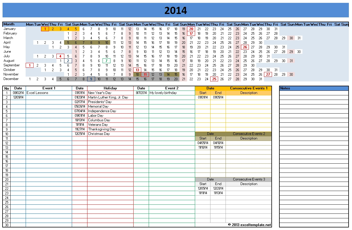 2014 Excel Calendar Template