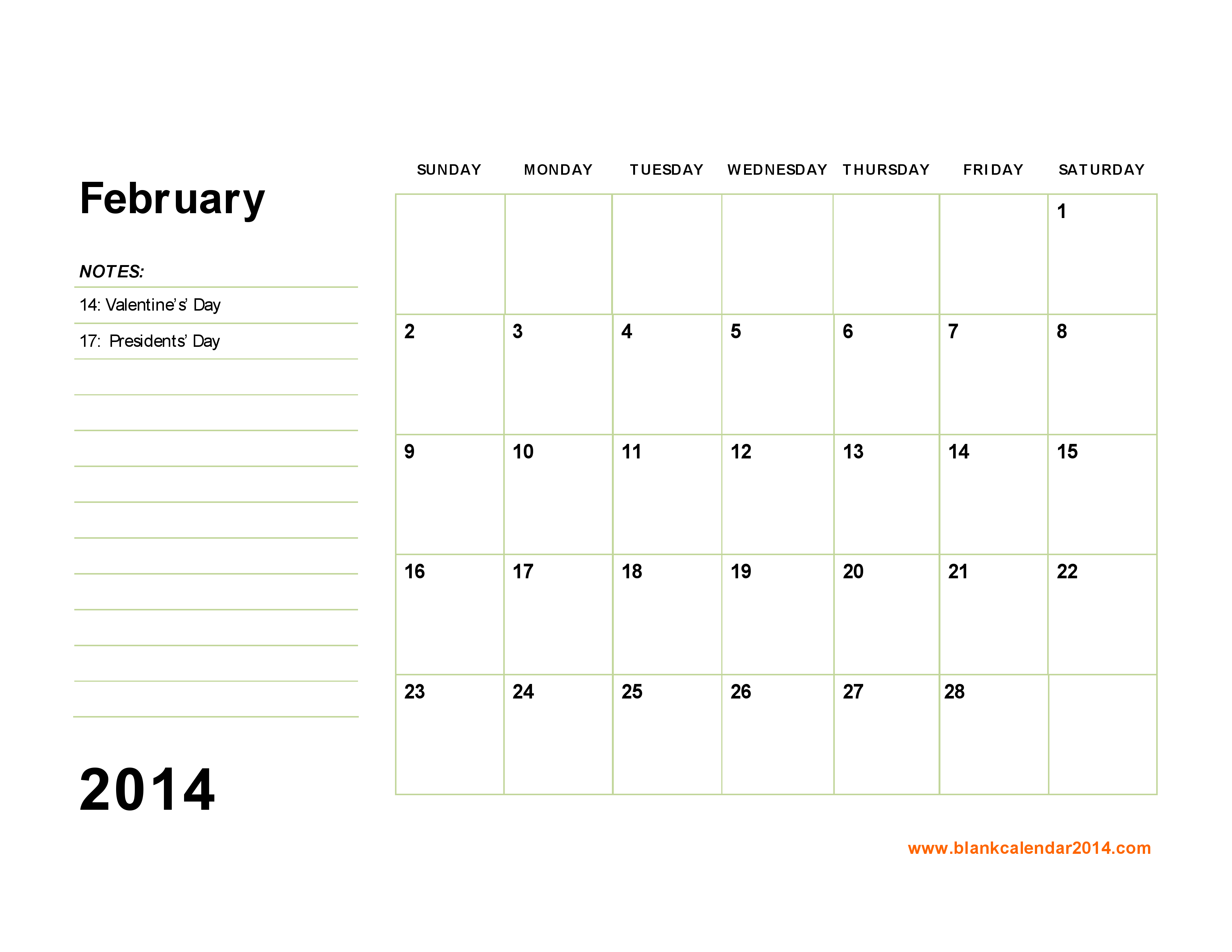 February 2014 Calendar Printable