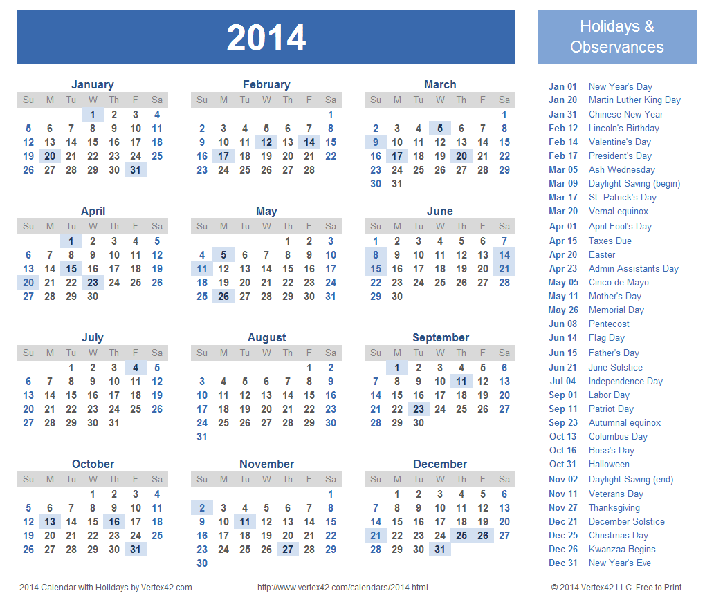 Free Printable 2015 Calendar with Holidays