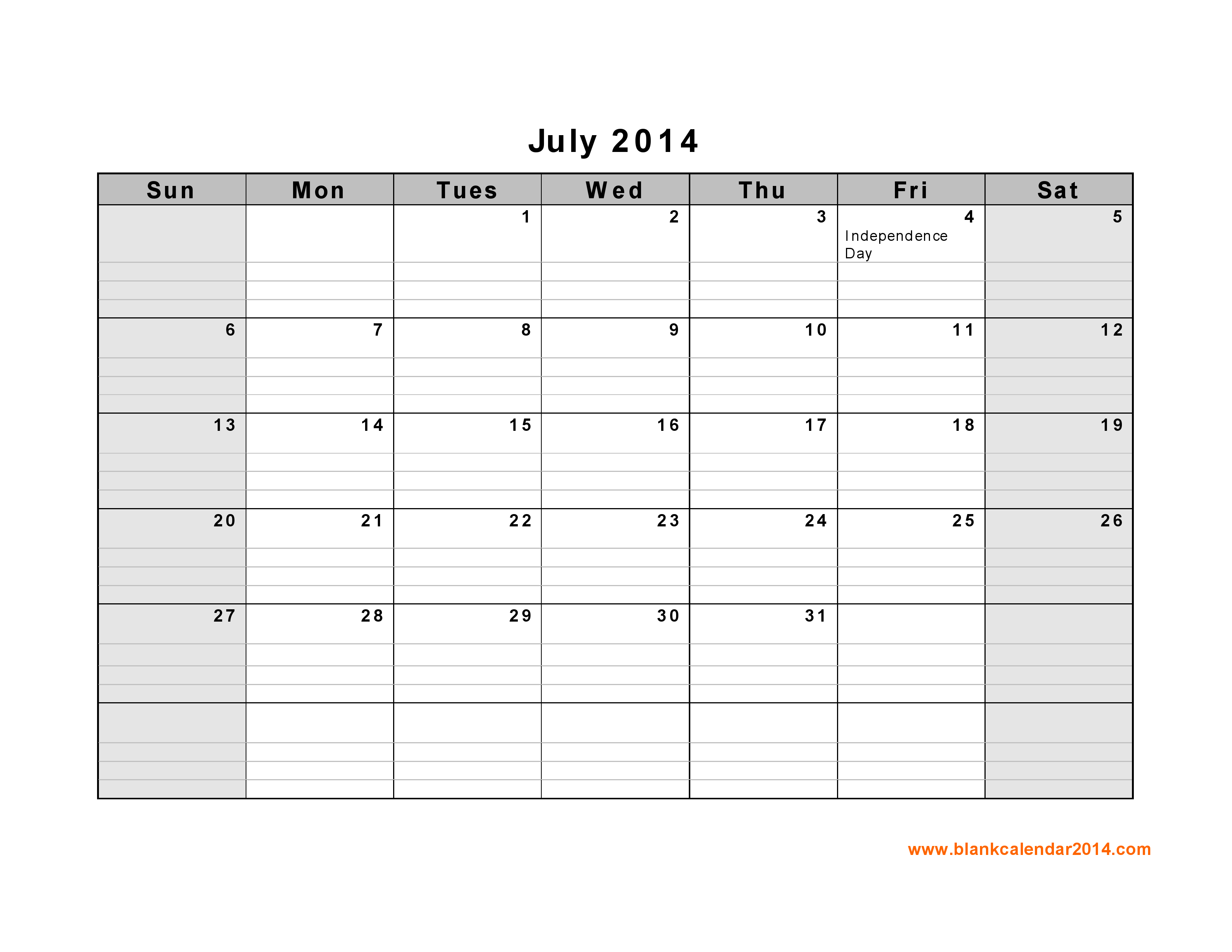July 2014 Calendar Printable Template