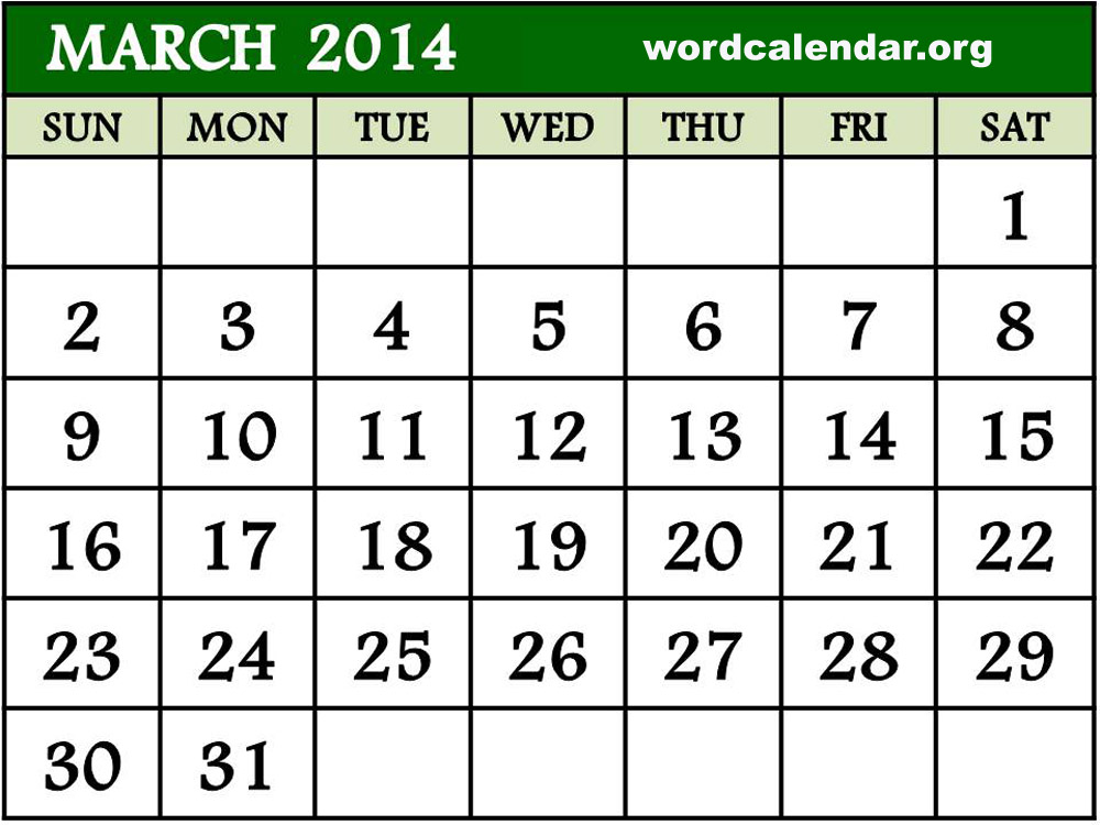 Monthly Printable March 2014 Calendar